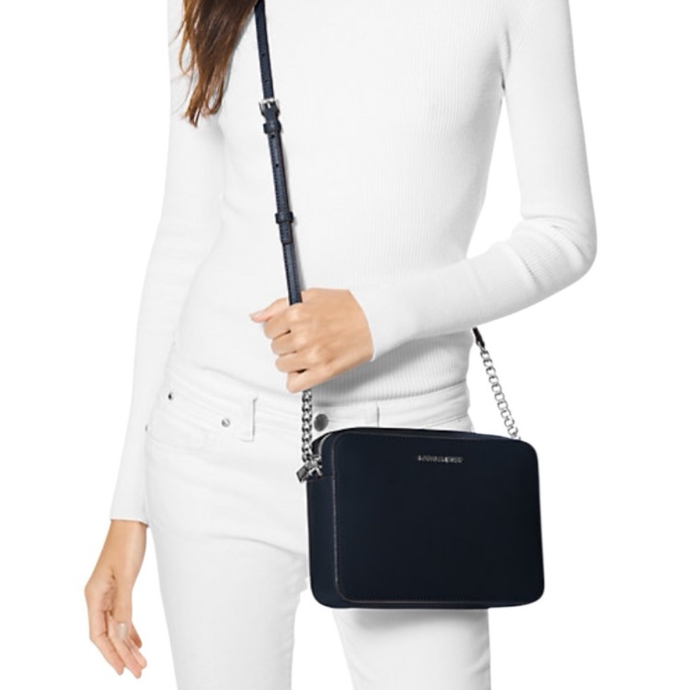 Michael Kors Jet Set Large Saffiano Leather Crossbody Bag Black Gold Chain Strap